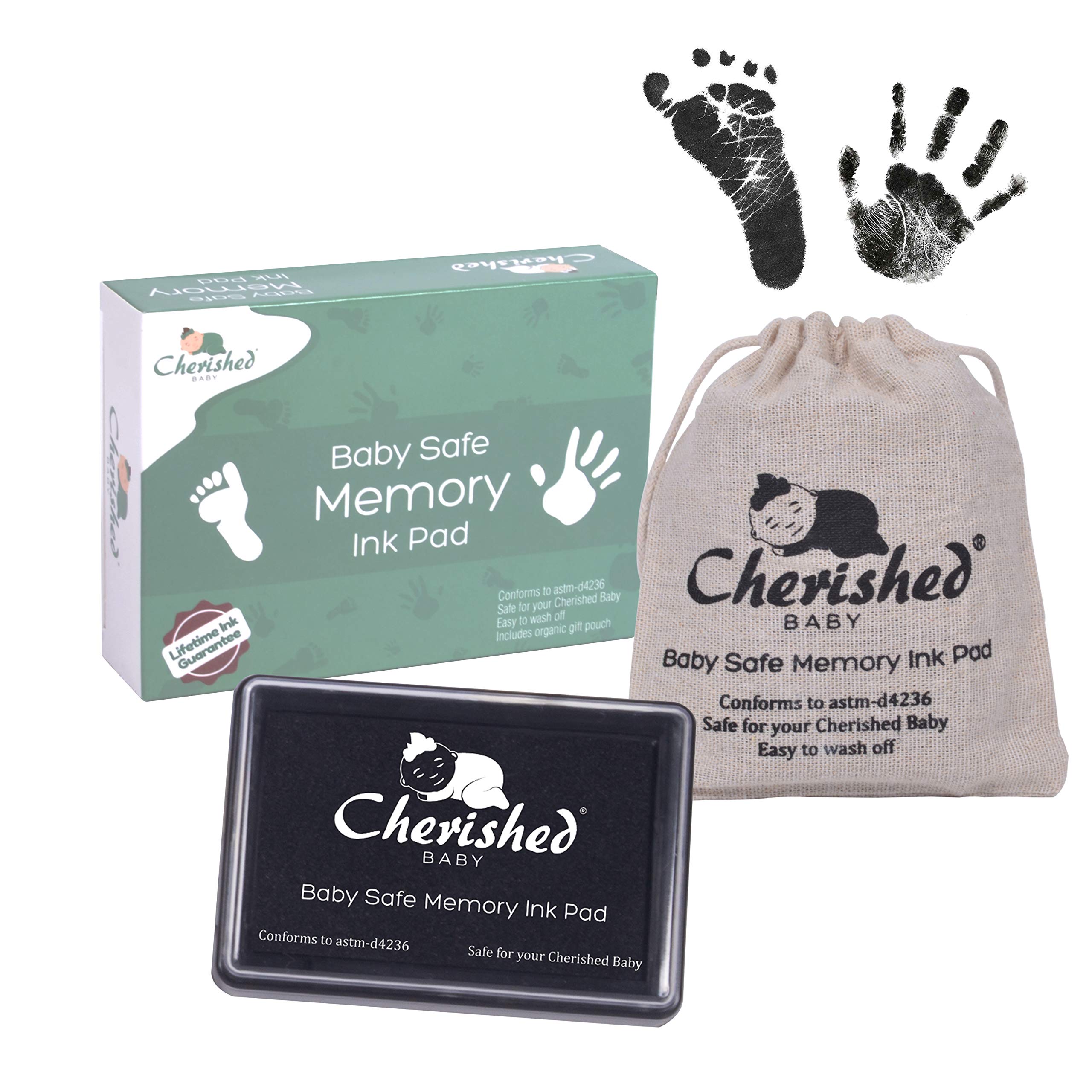 Cherished Baby – Black Ink Handprint/Footprint Ink Pad Kit – 100% Baby Safe (Complies with ASTM-D4236) Comes with Lifetime Inkpad Guarantee + Organic Drawstring Bag & Retail Gift Box