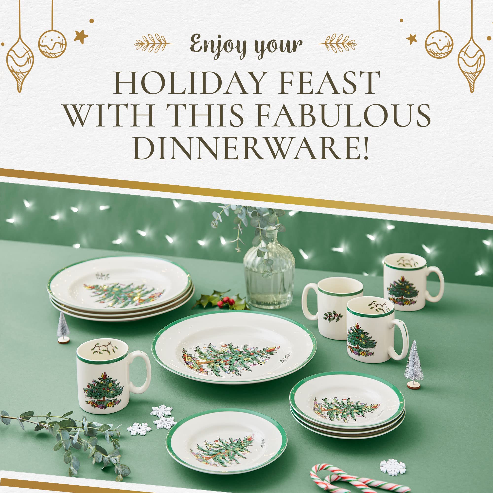Spode Christmas Tree 12-Piece Dinnerware Set (Service for 4) - Festive Holiday Tableware Collection with Plates and Mugs - Fine Earthenware Christmas Dinnerware - Microwave & Dishwasher Safe