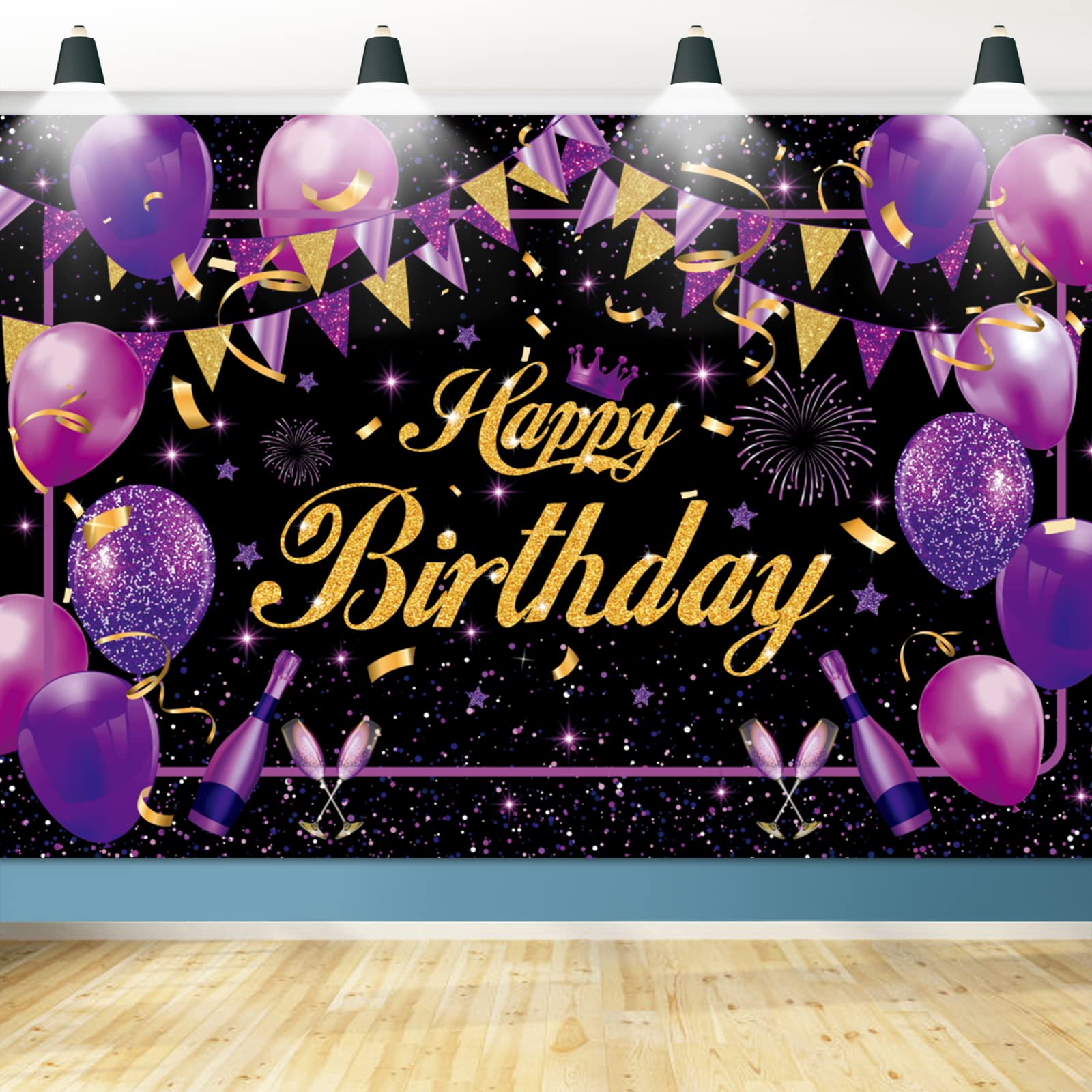 Purple Happy Birthday Backdrop, Purple Black Gold Birthday Party Decorations Large Purple Birthday Banner Photography Background Party Decoration for Women Girls Birthday