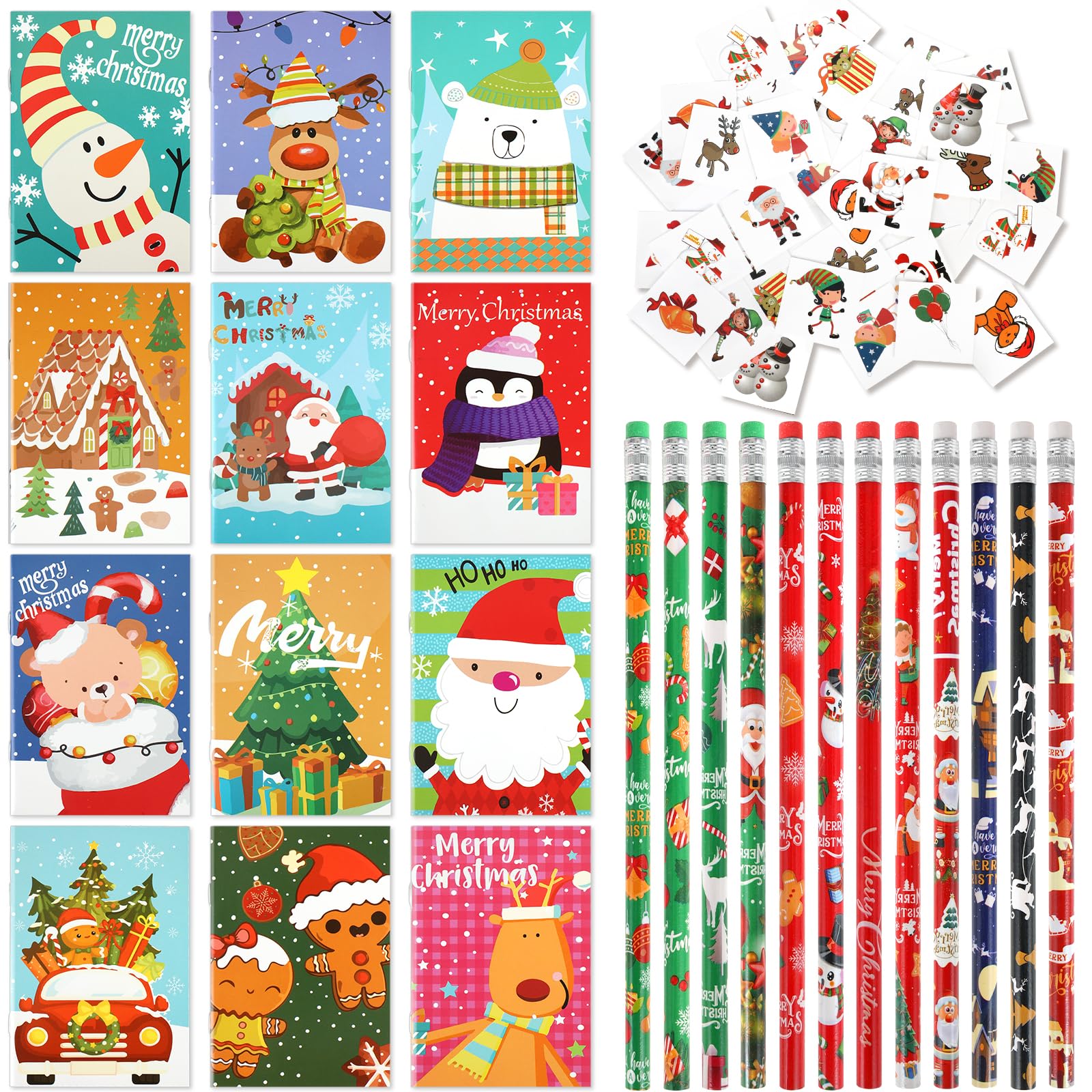 HOWAF Mini Christmas Notebooks kids Pocket Notebooks and Christmas Pencils with Rubber, Christmas Tattoos for Kids Christmas Eve Box Fillers Xmas Stocking Fillers Gifts Party Favours for Boys Girls