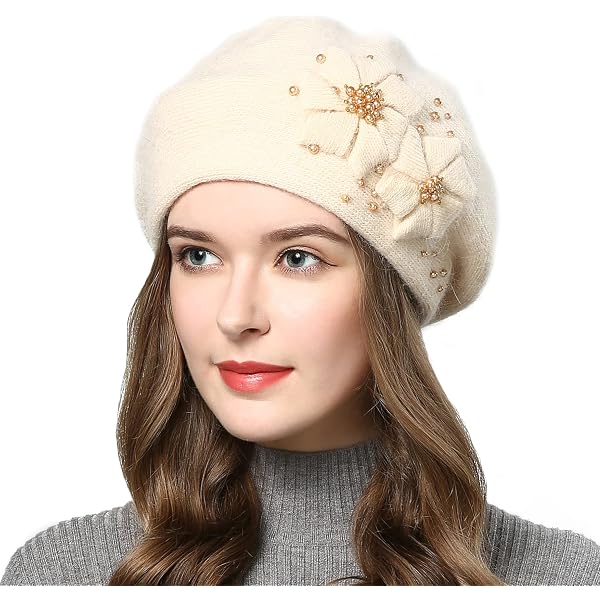 3924 Flower Women Beret, Double Layer Thickened Winter Knitted Beanie Beret Flower Women Beret, Double Layer Thickened Winter Knitted  main image 3