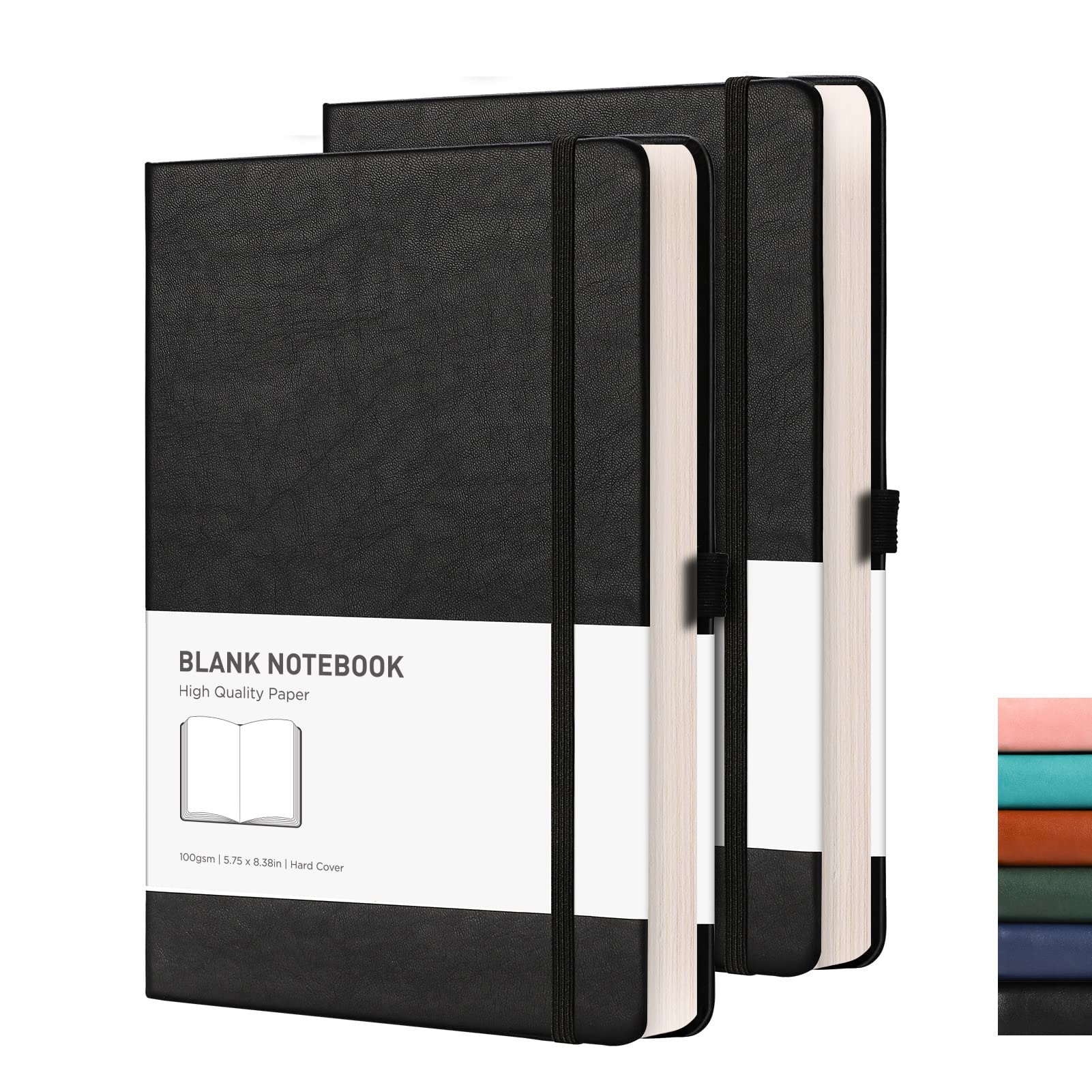 RETTACY Blank Notebook A5 Plain Notebook 2 Pack - 384 Pages Unlined Notebook with 100gsm Blank Paper, Pen Holder, Inner Pocket, for Sketch School Women Men 14.5 x 21cm - Black Black