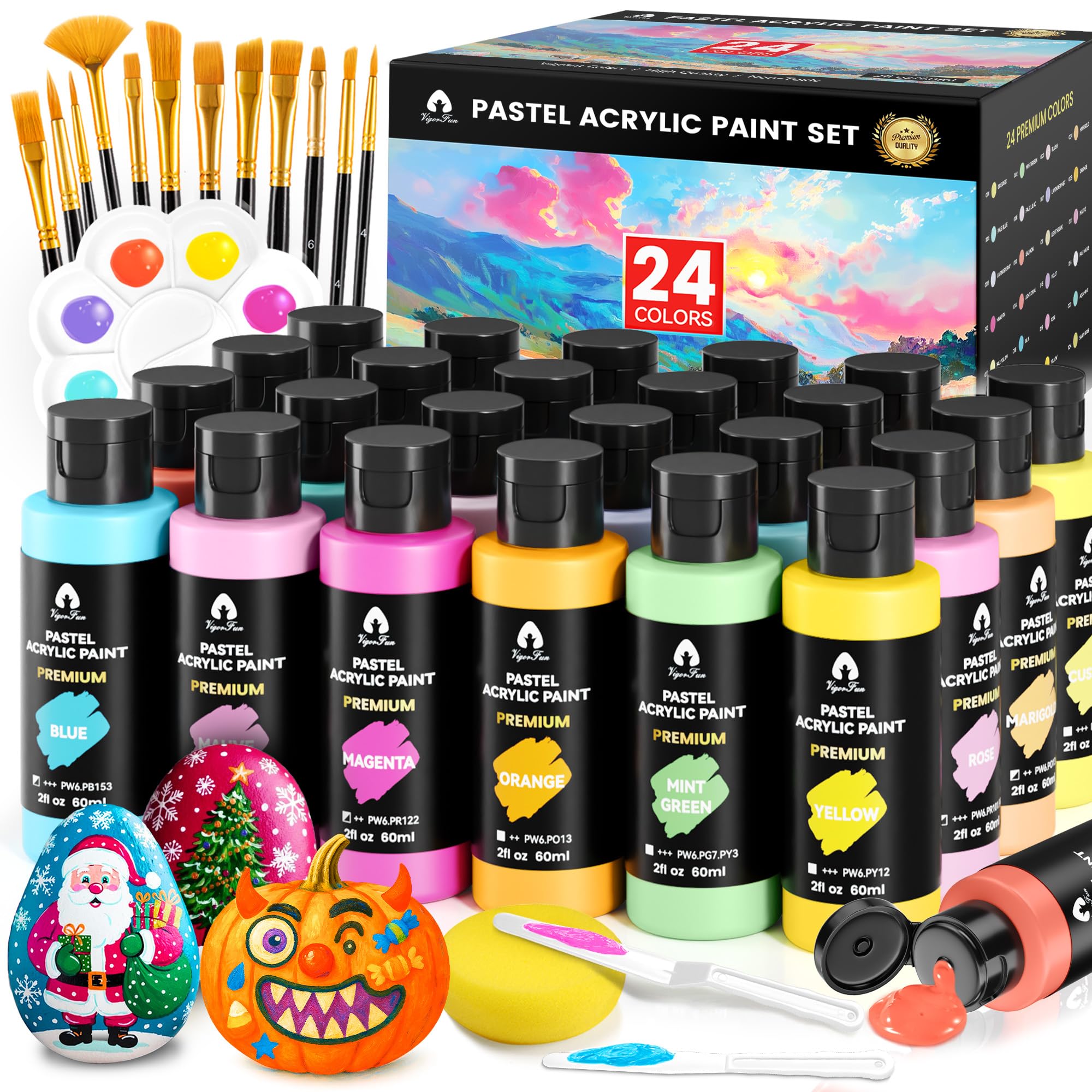 Photo 1 of 40 Pcs Pastel Acrylic Paint Set with 12 Brushes, 2 Knives & Palette, 24 Colors (2oz/60ml) - for Adults, Kids, Artists & Beginners - Canvas Ceramic Rock Wood Egg Painting Kit