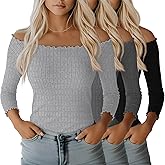 Velvelhall 3 Pack Women's 3/4 Sleeve Boat Neck Tops Lettuce Trim Jacquard Shirts Slim Fit Casual Layering Basic Tees