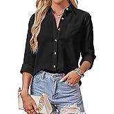 AXUIOKRY Cotton Button Down Shirts Women V Neck Long/Roll Up Sleeve Gauze Texture Casual Tops with Pocket