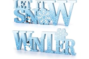 COCHIE Wooden Winter Let It Snow Sign, Snowflake Winter Decorations for Home, Office, Shelf, Mantel, Indoor, Blue White Wood Table Top Party Decor (Blue)