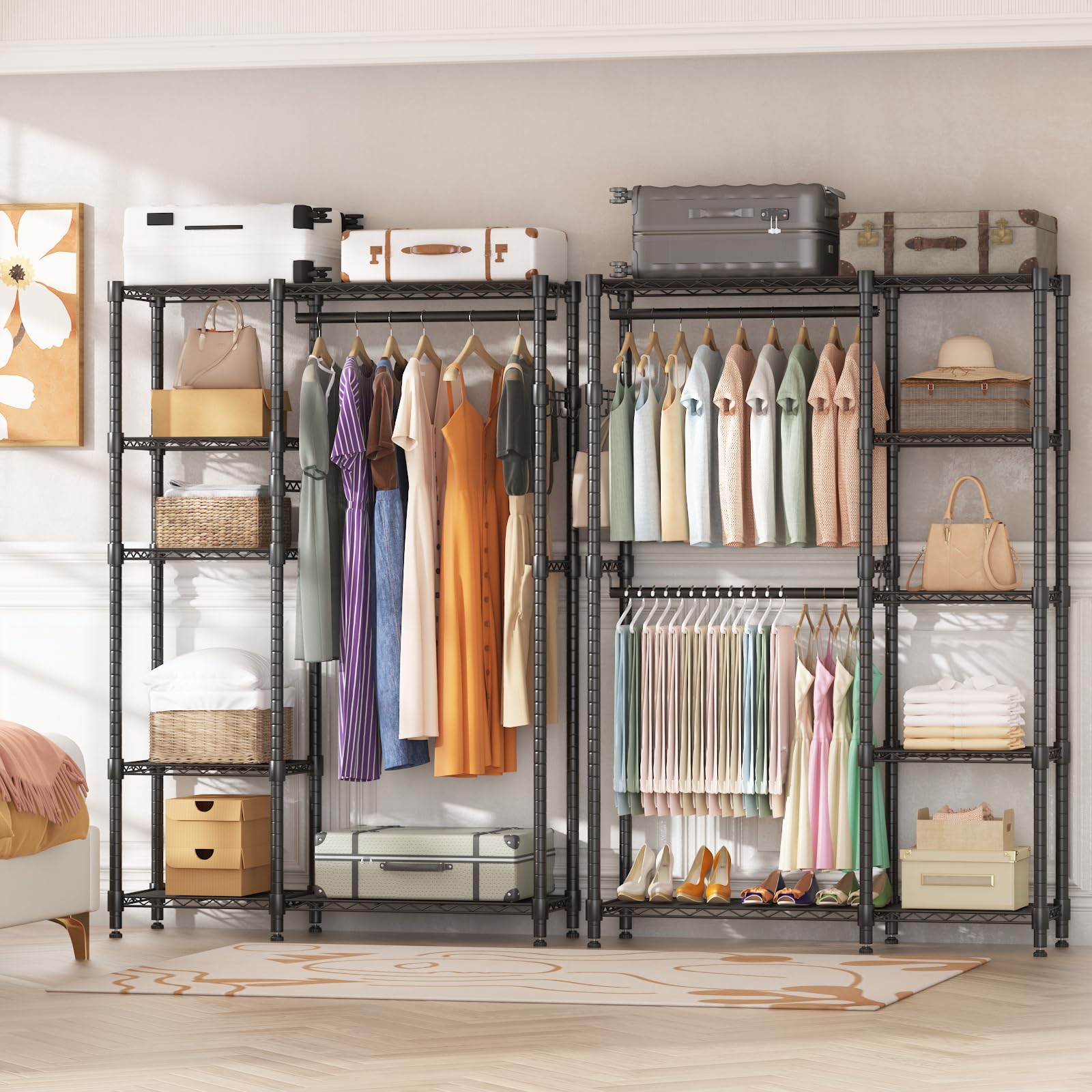 Homdox Heavy Duty Clothes Rack with Double Rods, 5-Tier Freestanding Wardrobe System, Adjustable Metal Clothing Rack with Side Hooks, Portable Closet Organizer for Hanging Clothes, Black