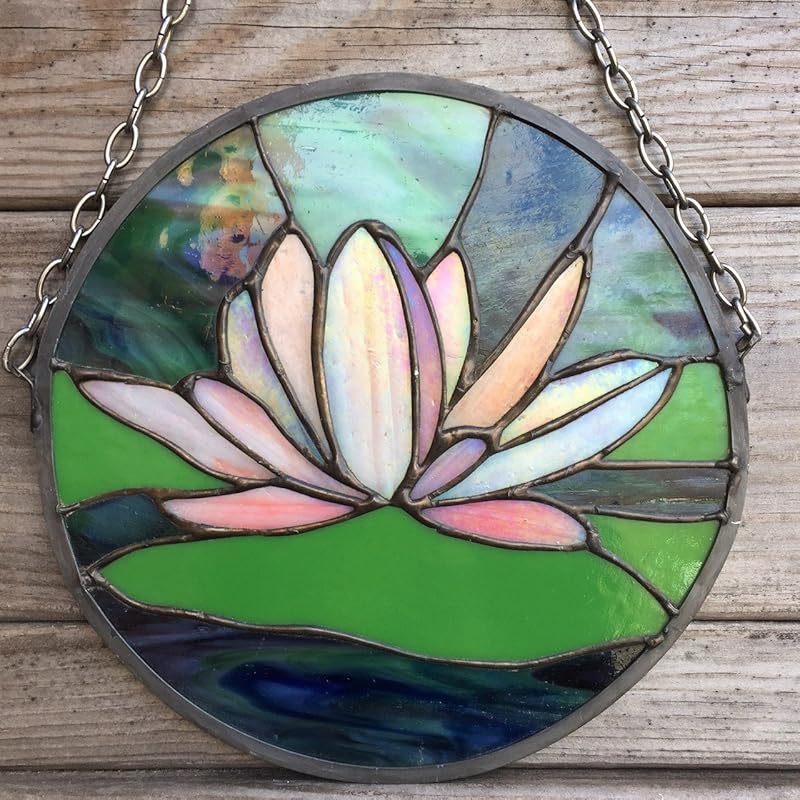 Iridized Pink Water Lily Stained Glass Window Hangin Panel