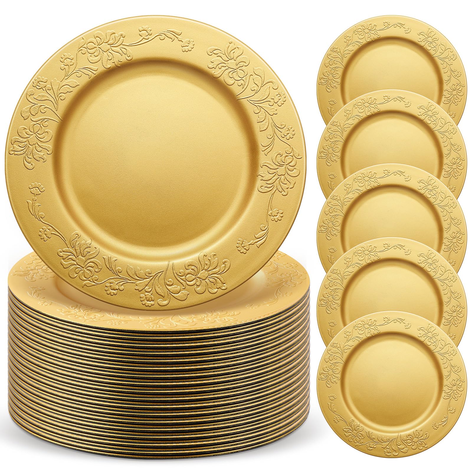 Photo 1 of Maxdot 50 Pcs Gold Charger Plates Bulk 13 Inch Plastic Antique Chargers for Dinner Plate Decorative Floral Embossed Rim Round Vintage Table Setting for Wedding Party Event Banquet Holiday, Large