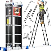 Bryner Step Folding Ladder 19.6ft Multi-Purpose Aluminium Extension Ladders, 7 in 1 Folding Adjustable Telescoping Step Ladder 330lbs