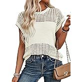 EVALESS Womens Tops Casual Summer Cap Short Sleeve Crochet Hollow Out Knit Sweater Vest Pullover T-Shirts Beach Coverup