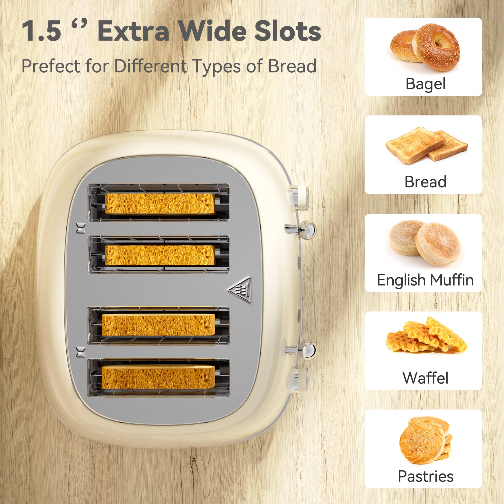 Tostadora de 4 rebanadas, acero inoxidable retro con 6 configuraciones de pantalla de pan, tostadora con ranuras de 1.5 pulgadas de ancho con funciones de cancelar/descongelar/recalentar, panel de control dual independiente, bandeja para migas de extracción (crema)