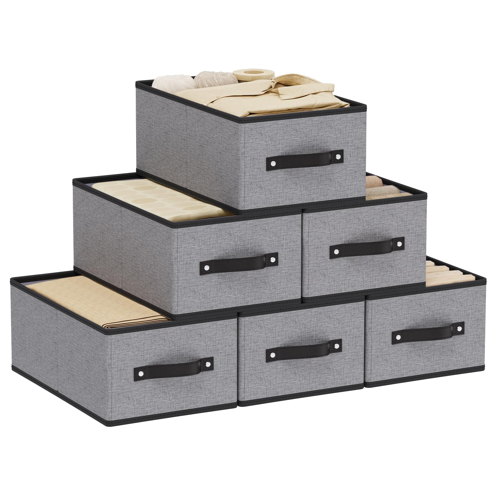 YheenLf Storage Basket for Shelves, 6-Pack Closet Bin with Handles, Open Foldable Box, Fabric Containers Clothes Boxes, Wardrobe Organiser, Grey, 41×25×16.5cm