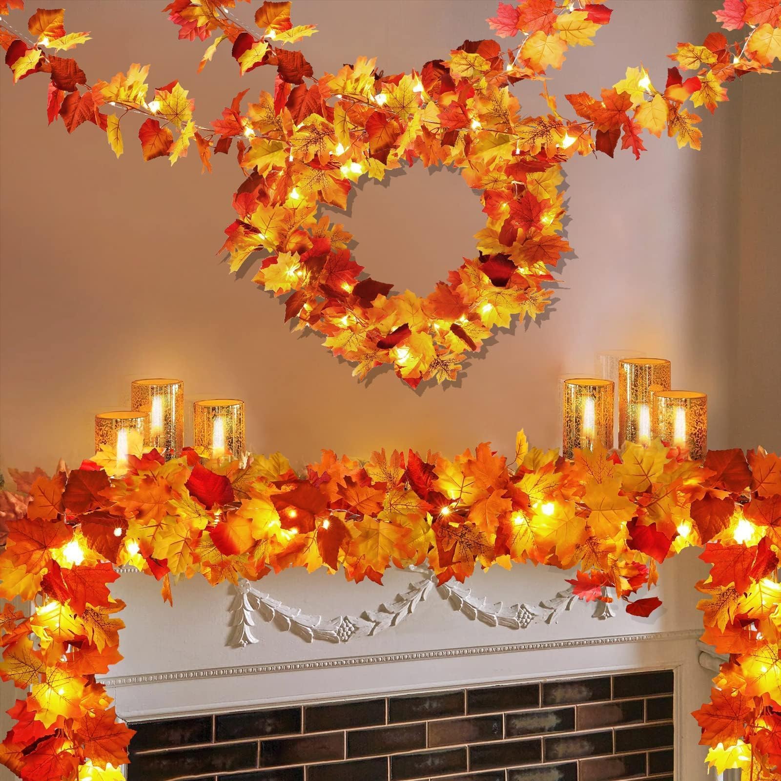 Photo 1 of 2 Pack Fall Decor Maple Leaves Garland with Lights Battery Operated Fall Thanksgiving Decorations Garland for Home Porch Front Door Table Mantle Outdoor Autumn Harvest Halloween Decor, 11.8Ft 40LED