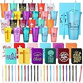 Feifeiya 72 Pcs/ 24 Set Christian Gifts Bulk 24 oz Bible Verse Plastic Tumbler with Lids and Straws Inspirational Prayer Notepads Religious Pen Cups Gift for Church Valentines Party Favors
