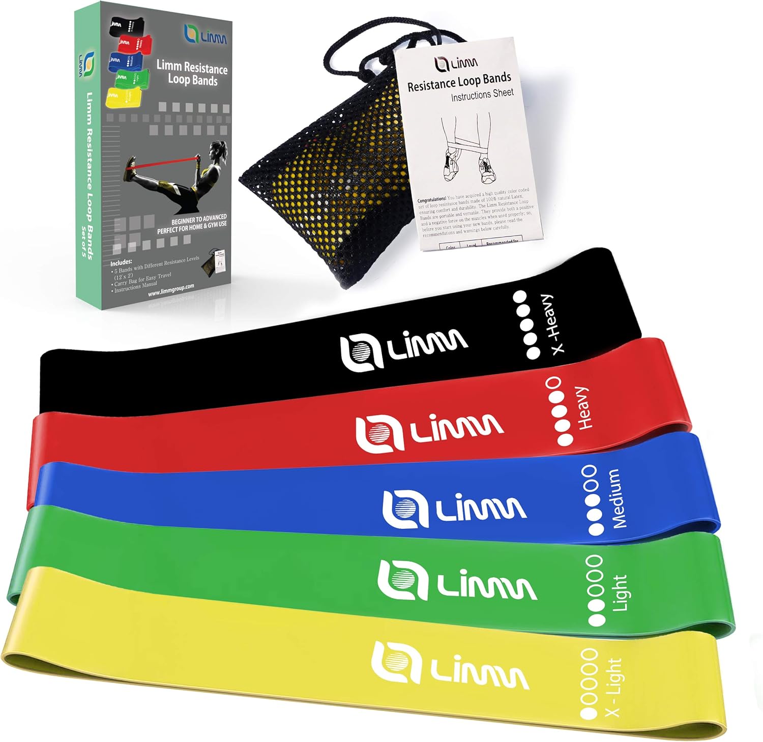Limm Resistance Bands Set, Get 5 Exercise Bands with 5 Resistance Levels, Includes EBooks, Online Videos & Carry Bag