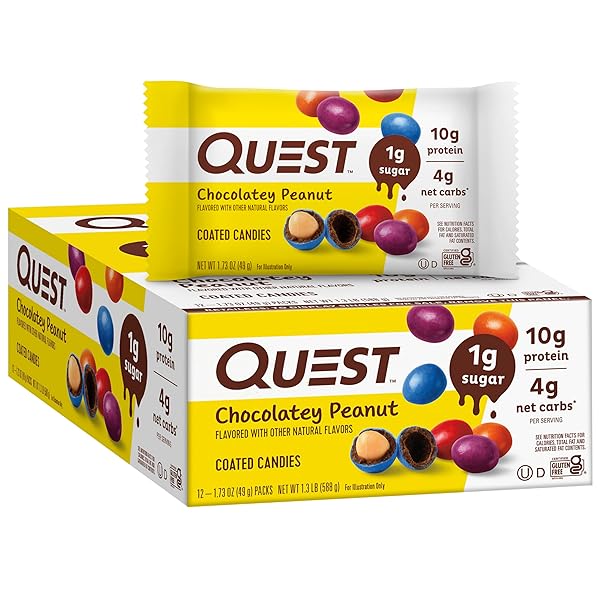 QUEST NUTRITION COATED CANDIES, CHOCOLATEY PEANUT, 1G SUGAR, 10G PROTEIN, 4G NET CARBS, GLUTEN FREE, KETO FRIENDLY, 12 COUNT