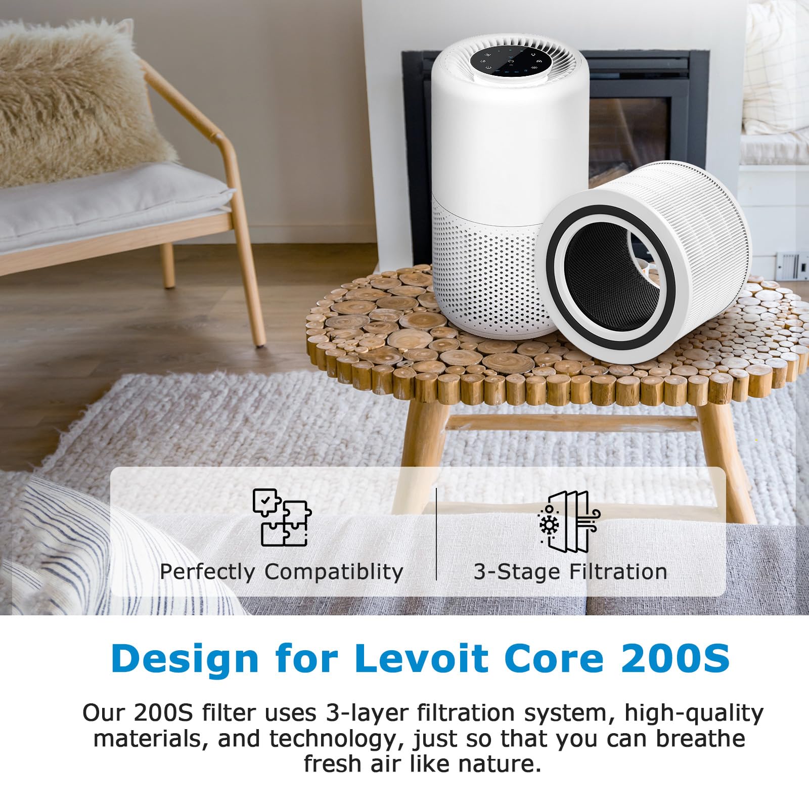 Core 200S Replacement Filter for LEVOIT Core 200S Smart WiFi Air PuriFier, 3-in-1 HEPA Filtration High-Efficiency Activated Carbon Pre-Filter, Core 200S-RF, 2 Pack