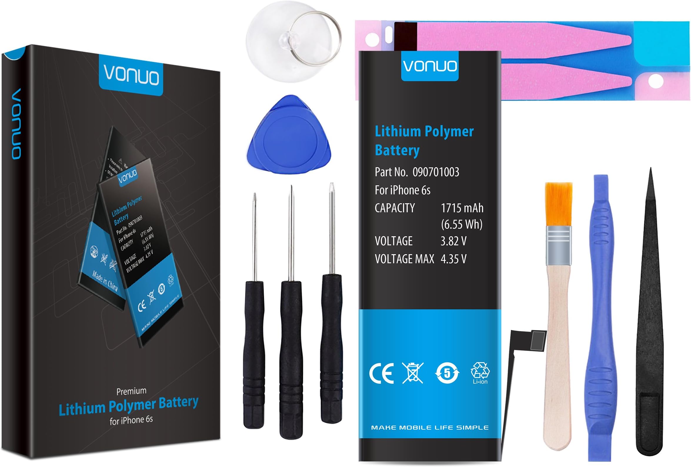 VONUO iPhone 6S Replacement Battery Set, 1715 mAh Lithium-Polymer Battery including Tool Kit, Battery Adhesive Strip and easy Installation Guide