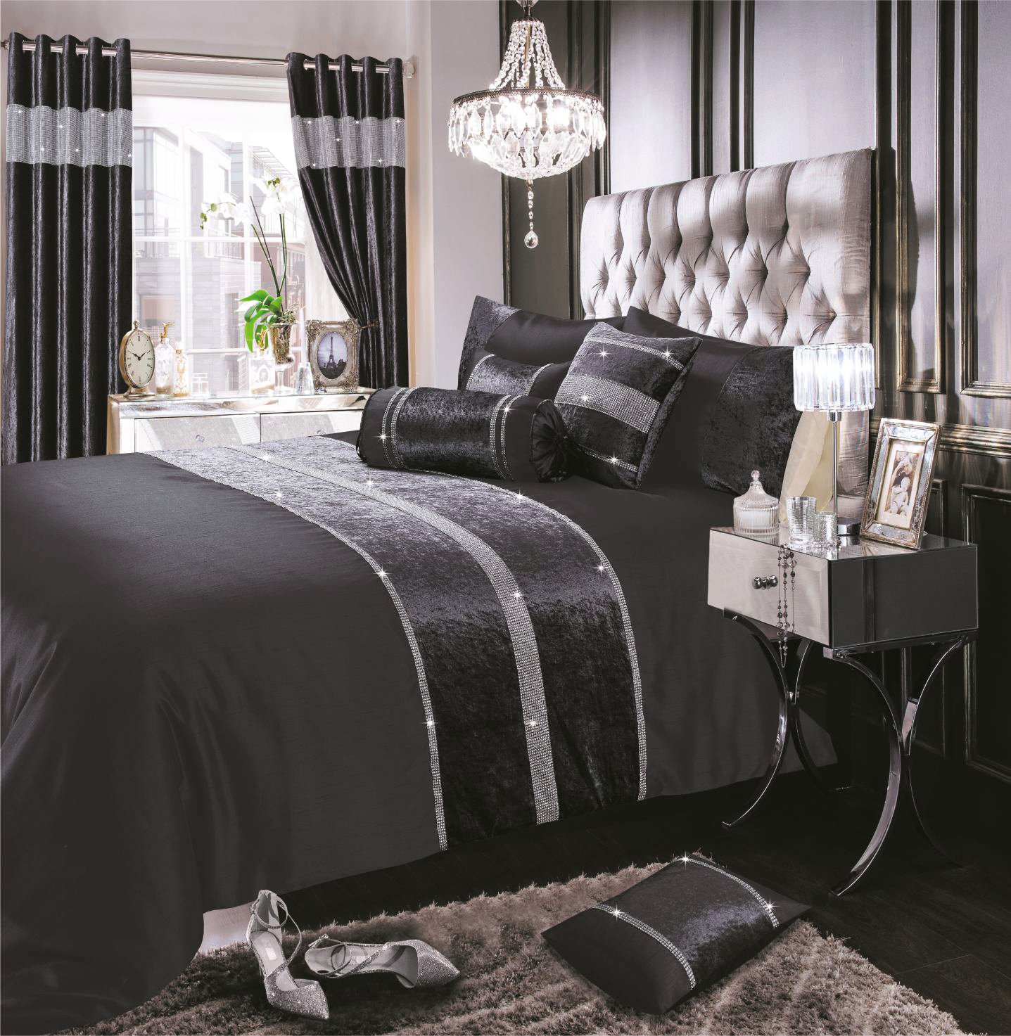 Luxury Sparkle / Bling Crushed Velvet Diamante Faux Silk Bedding Set
