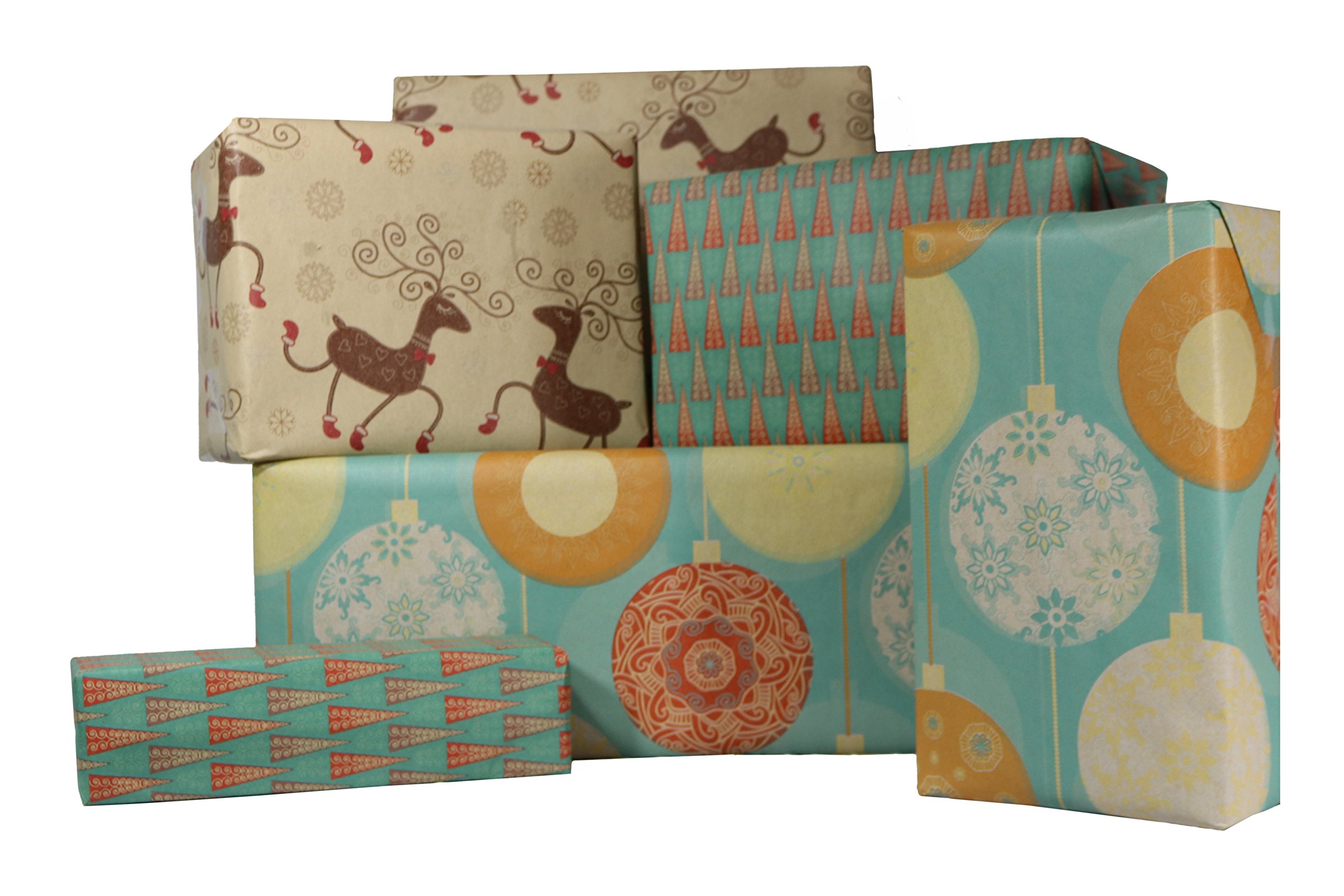 Printed Christmas Kraft Wrapping Paper Set (Reindeer-Bulbs-Trees on Brown Kraft)