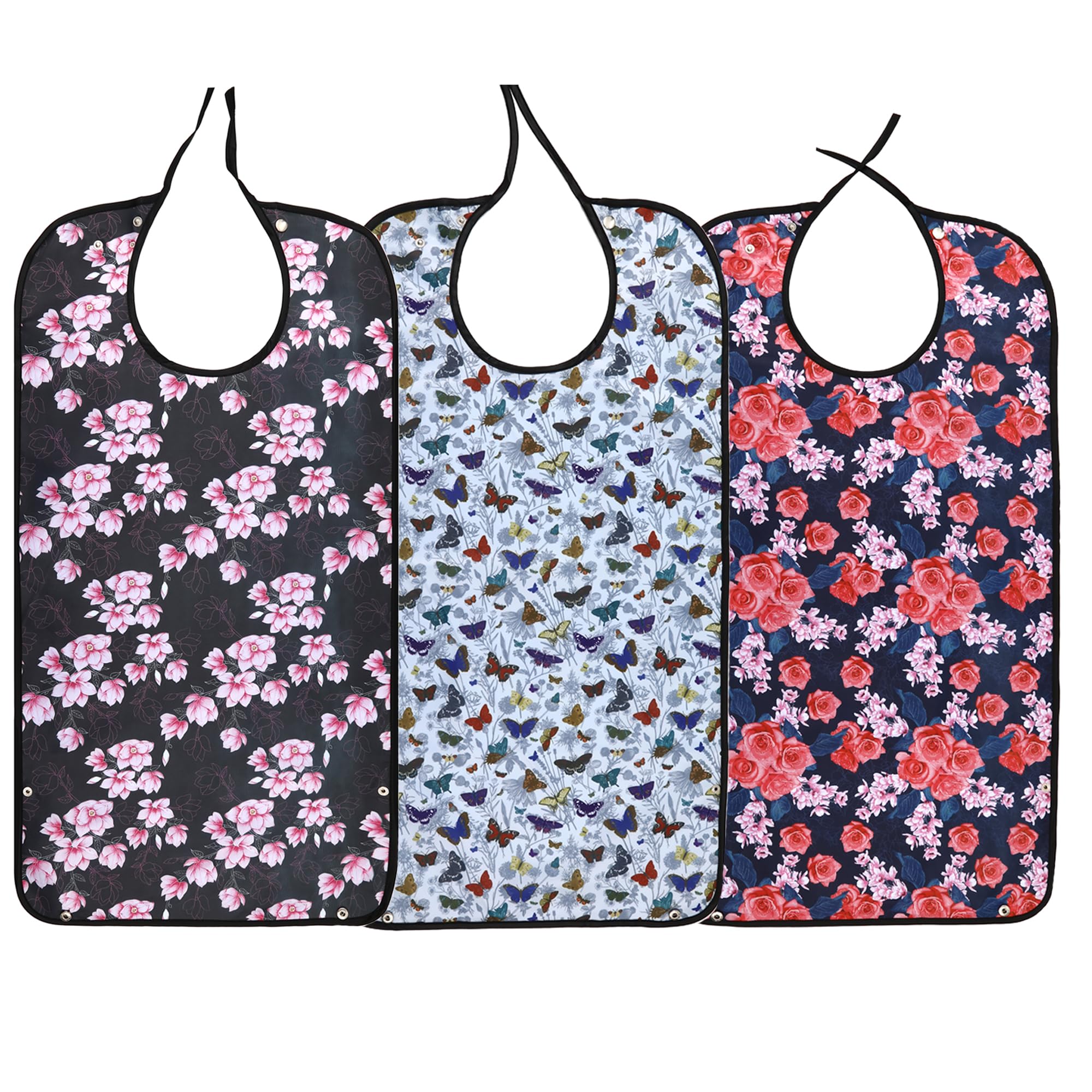 CACTIYE Waterproof Adult Bibs for adults Eating Cloth for Elderly Seniors and Disabled Terry bib Clothing Protectors (Butterfly +Black-flower+ Rose)