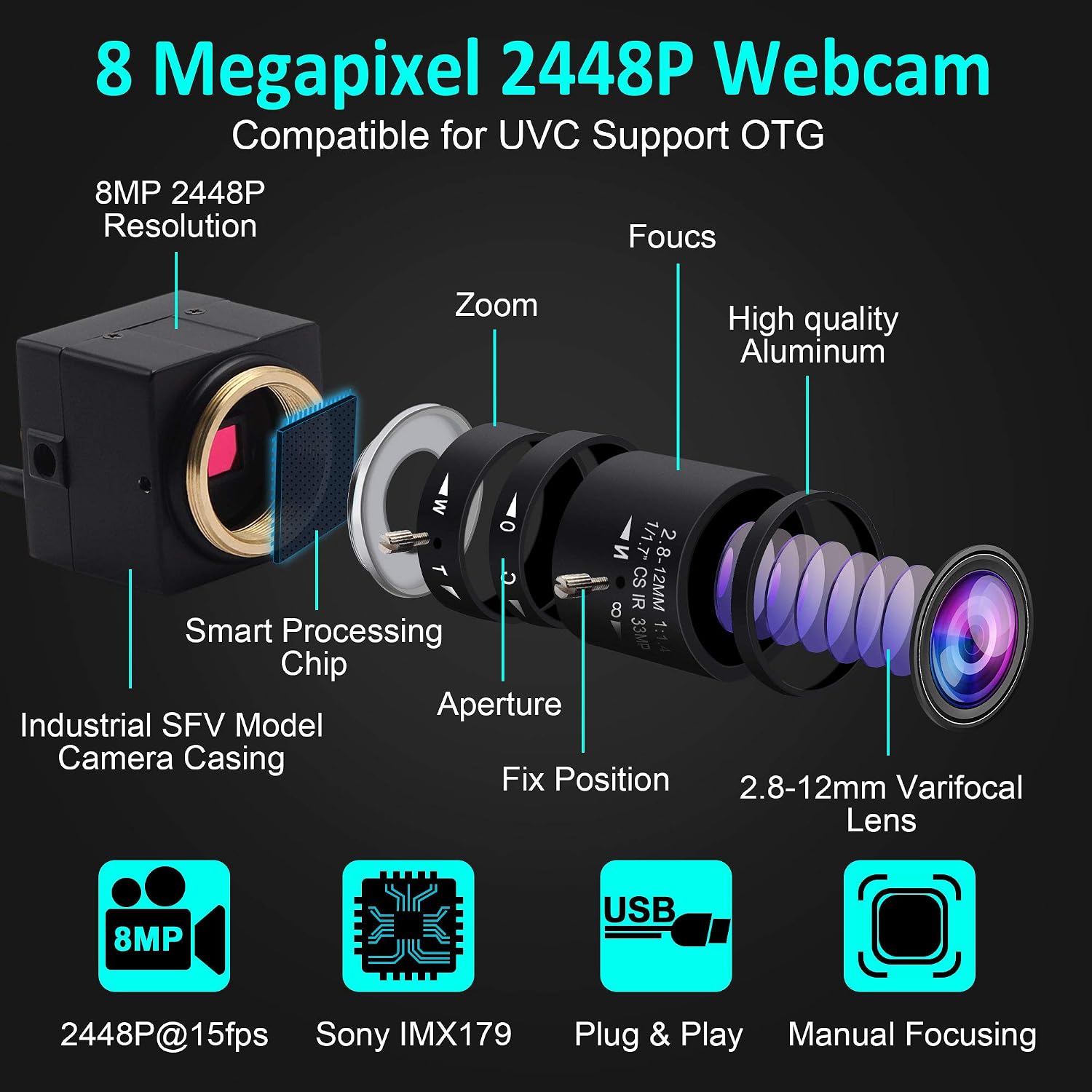 ELP 8 Megapixel Zoom Web Camera IMX179 Sensor USB Camera 2448P Webcam HD 2.8-12 mm Variable Focus Manual Lens Camera Supports Windows/Linux/Android/Raspberry Pi USB8MP02G-SFV (2.8-12 mm) - Image 3