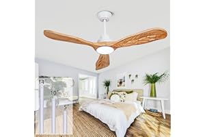 DUCREW Ceiling Fans with Lights and Remote,52 Inch Unique Wood Ceiling Fan with Noiseless Reversible DC Motor,3 Blades,3 Downrods, for Farmhouse,Patio Living Room,Bedroom,Office,Indoor Outdoor(White+Wood)