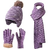 Winter Beanie Hat Scarf Gloves Set for Women, Classic Beanie with Removable Pom Pom Long Scarf Touchscreen Gloves 3 in 1 Set