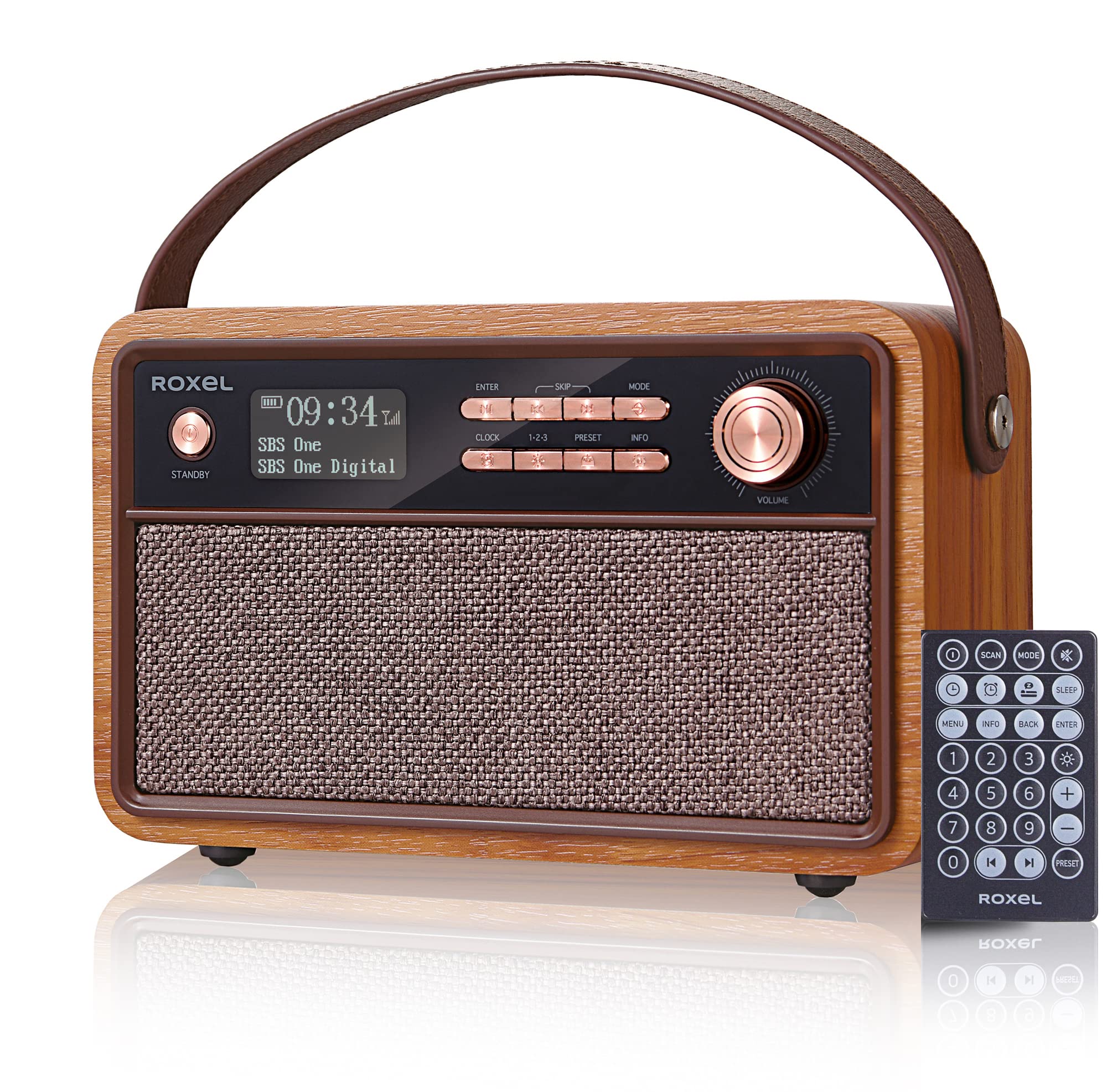 Roxel Retro D1 Vintage DAB+/FM Radio Wireless Speaker | Bedside Alarm Clock with Sleep Function. Rustic Exterior, Mains and USB Rechargeable, TF card, AUX and USB Compatible (Walnut)