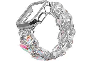 VIQIV Bling Dressy Bracelet with Case Compatible with Apple Watch Bands 38mm 40mm 41mm 42mm 44mm 45mm 49mm for Women Strethy, Stretch Smart Watch Bands for Women, Cute Slim Metal Wristband Strap for iWatch Ultra 2/Ultra Series 9/8/7/6/5/4/3/2/1/SE
