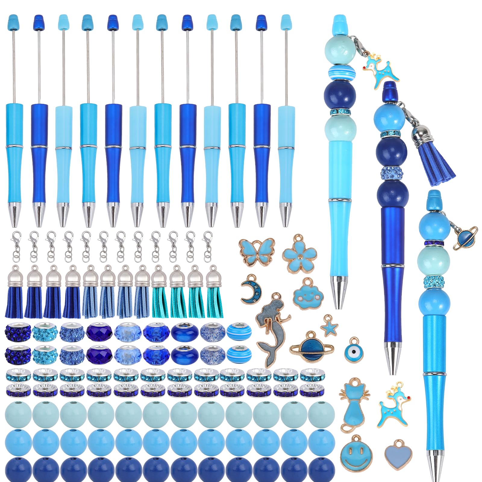 Wewaysmile 12 Set Plastic DIY Bead Pens Wood Crystal Spacer Ballpoint Pen Set for Women Gifts School Office Supplies (Blue)