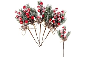 WSFSLJWDW Christmas Berries Red Stems Evergreen Pine Branches, Snow Flocked Red Holly Berry Pine Cone Floral Sprays Decoration,Winter Holiday Floral Picks (6PCS)