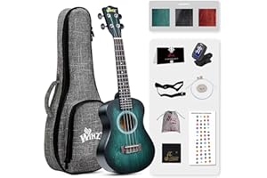 WINZZ HAND RUBBED Series - Concert Ukulele Vintage Hawaiian Uke with Online Lessons, Bag, Tuner, Strap, Extra Strings, Fingerboard Sticker, 23 Inches, Dark Hunter Green