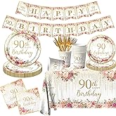 90th Birthday Party Tableware, 142Pcs Rose Gold 90th Birthday Decorations for Women, Includes Plates, Napkins,Tablecloth, Cup, Banner, Serves 20