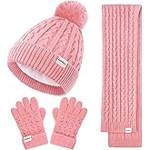 Kids Winter Hat Gloves Scarf Set, Girls Boys Winter Beanie Hat Mittens Scarf Knit Set with Thick Fleece Lined for Children