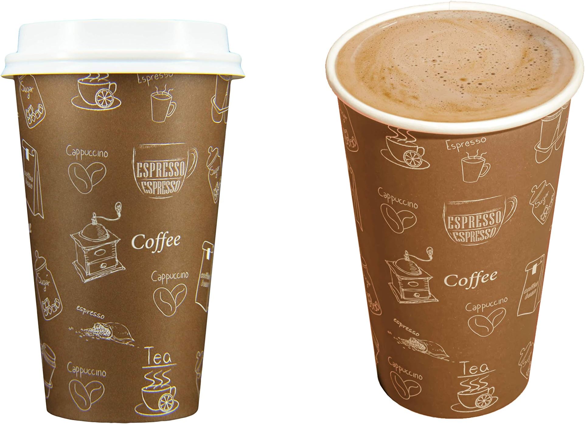 [1000 Sets] Single Wall Disposable Hot Paper Cups with White Lids - Elegant Brown Graphic for Hot Drinks Water Coffee Tea Cocoa Caffe Cappuccino Espresso Latte hot Chocolate Steamer (16OZ)