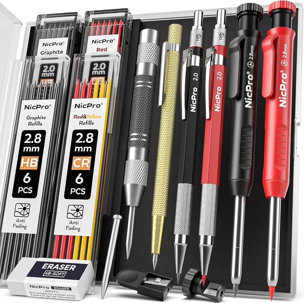 Nicpro 11 Pack Carpenter Pencil Set with Sharpener and Refills 2.0/2.8mm