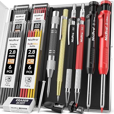 Nicpro 11 Pack Carpenter Pencil Set with Sharpener and Refills 2.0/2.8mm