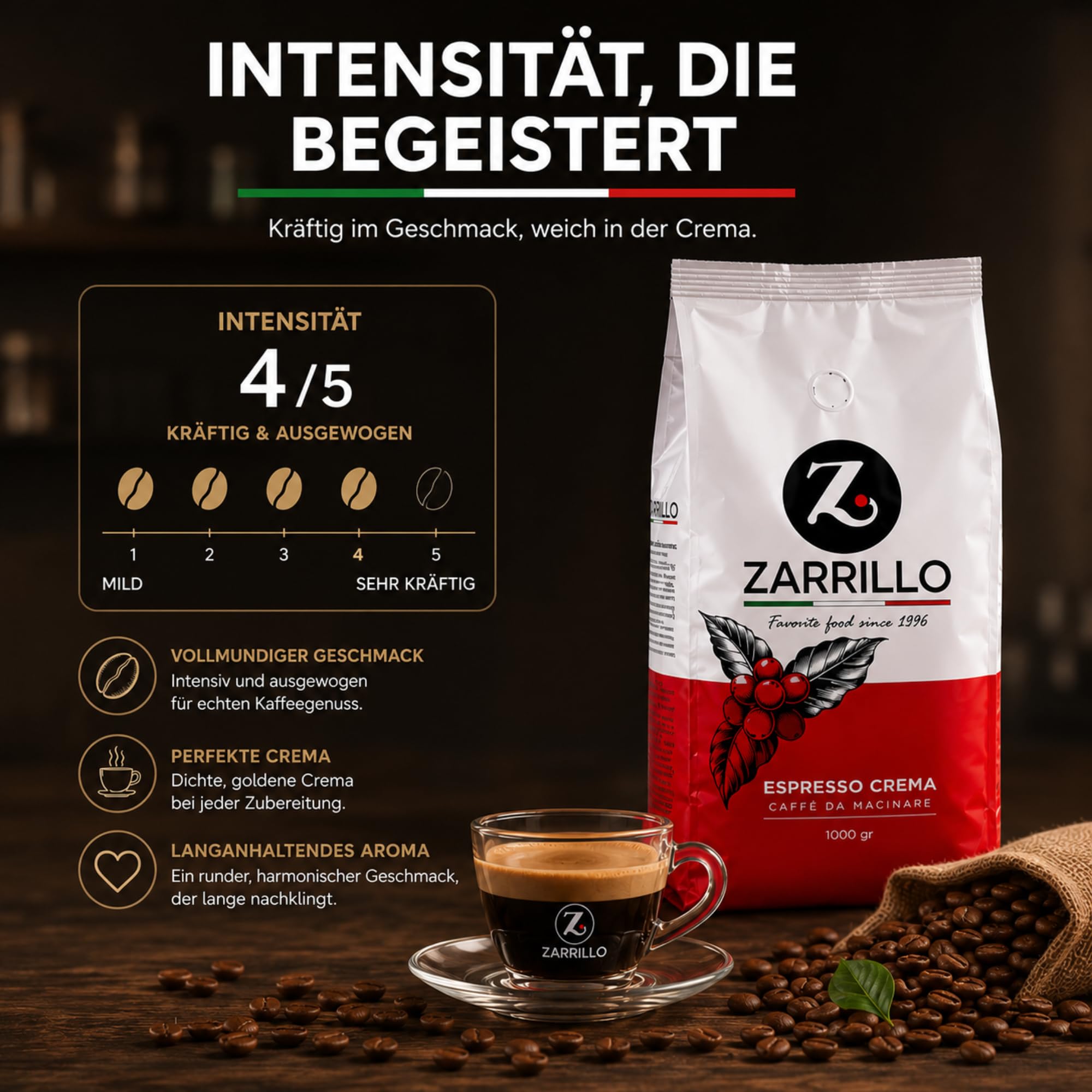 ZARRILLO Italienische Espresso Kaffeebohnen, Arabica und Robusta, für Vollautomaten & Siebträgermaschinen, Kräftige Crema, Mittlere Röstung (1 kg (1er Pack)) 4