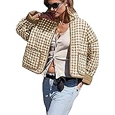 Bozanly Women's Cropped Puffer Quilted Jacket Plaid Printed Lightweight Long Sleeve Zipper Padded Coat