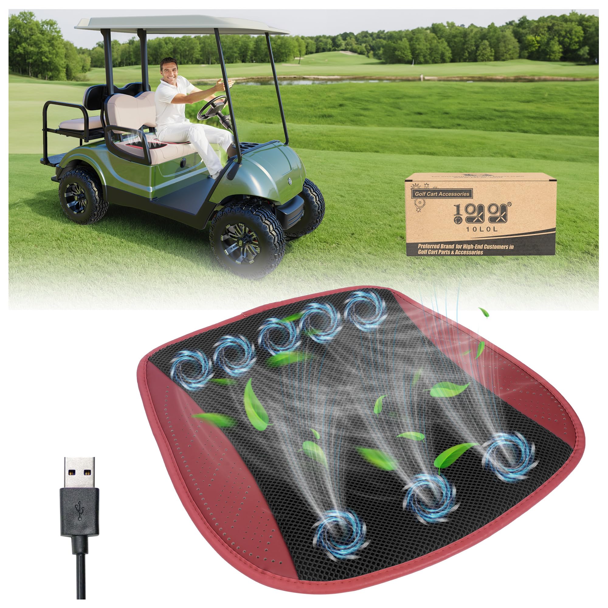 Photo 1 of 10L0L Golf Cart Cooling Seat Cushion with 8 Fans - Universal for Yamaha EZGO Club Car, 3-Speed Ventilated Seat Pad, USB-Powered with Ice Silk Fabric & Turbo Airflow Design