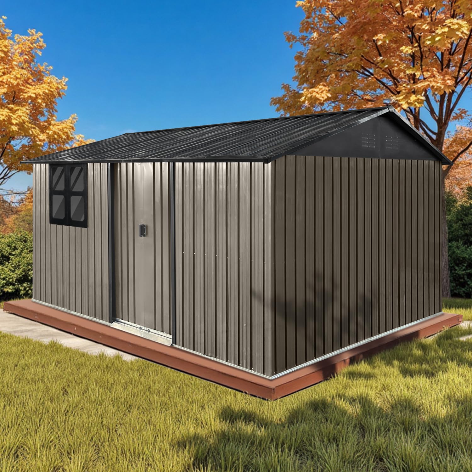 Photo 1 of ***IT IS UNKNOWN IF THERE ARE LOST BOXES***12x10 Ft Storage Shed Outdoor, XL Permanent Steel Building with Window, Sliding Doors and 4 Air Vents for Backyard Garden Patio Lawn - Brown