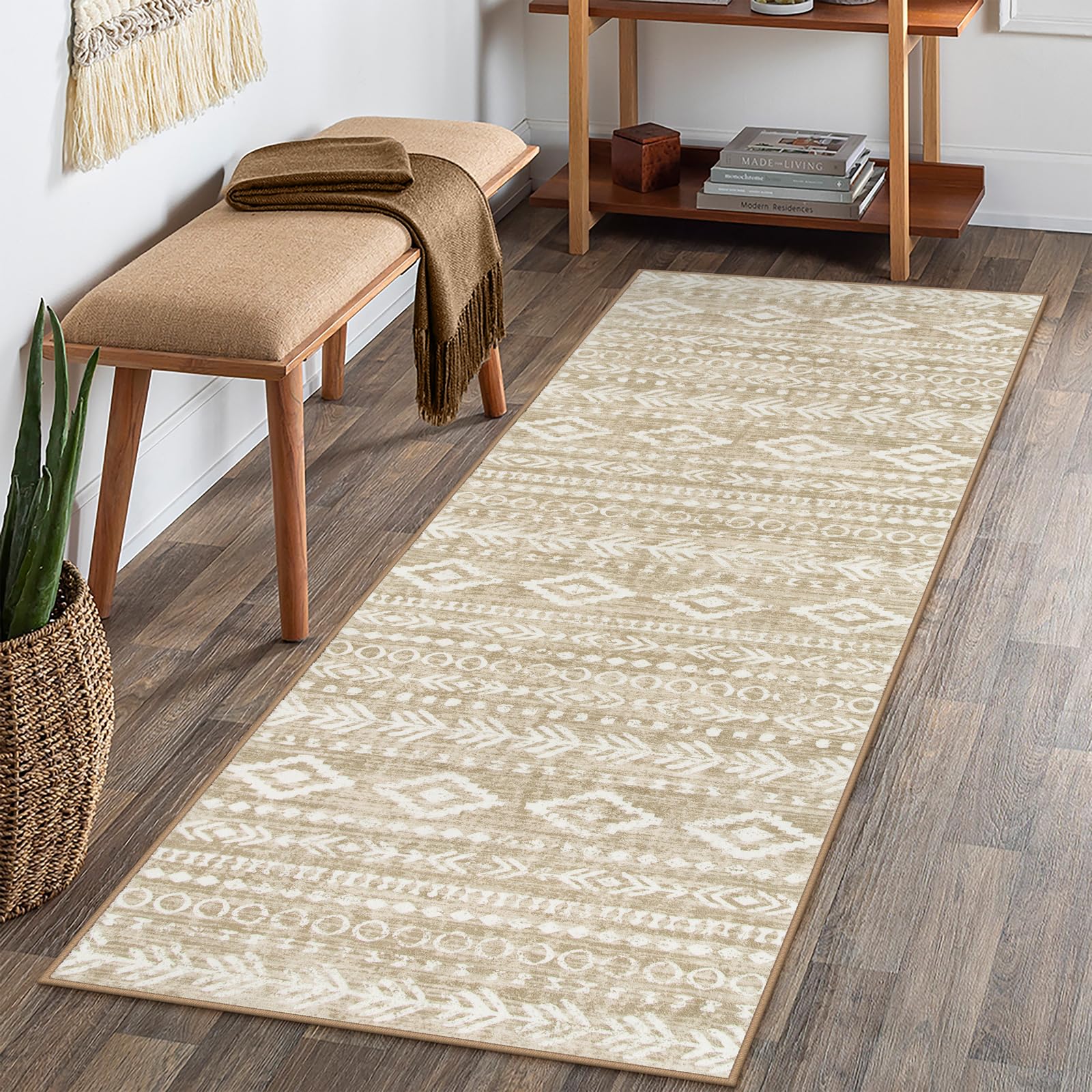Photo 1 of Lahome Boho Geometric Washable Runner Rug, 2x6 Low-Pile Tan/White Non Slip Washable, Rustic Print Pattern Soft Bedroom Carpet Runner 6ft for Entryway Laundry Room