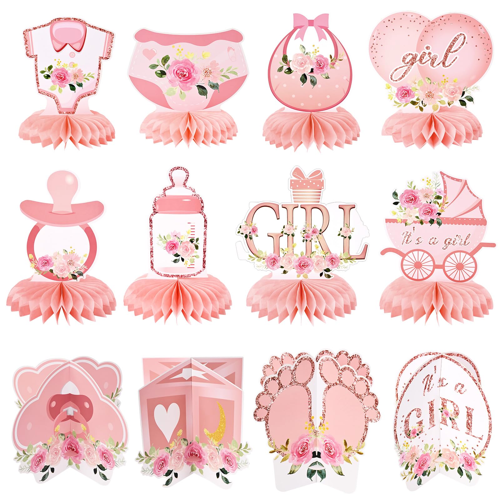 Photo 1 of 12Pcs Rose Gold Floral Baby Shower Decorations, 3D Honeycomb Centerpieces for Girls Gender Reveal Party, Elegant It's a Girl Pregnancy Announcement Table Topper, Newborn Celebration Party Supplies