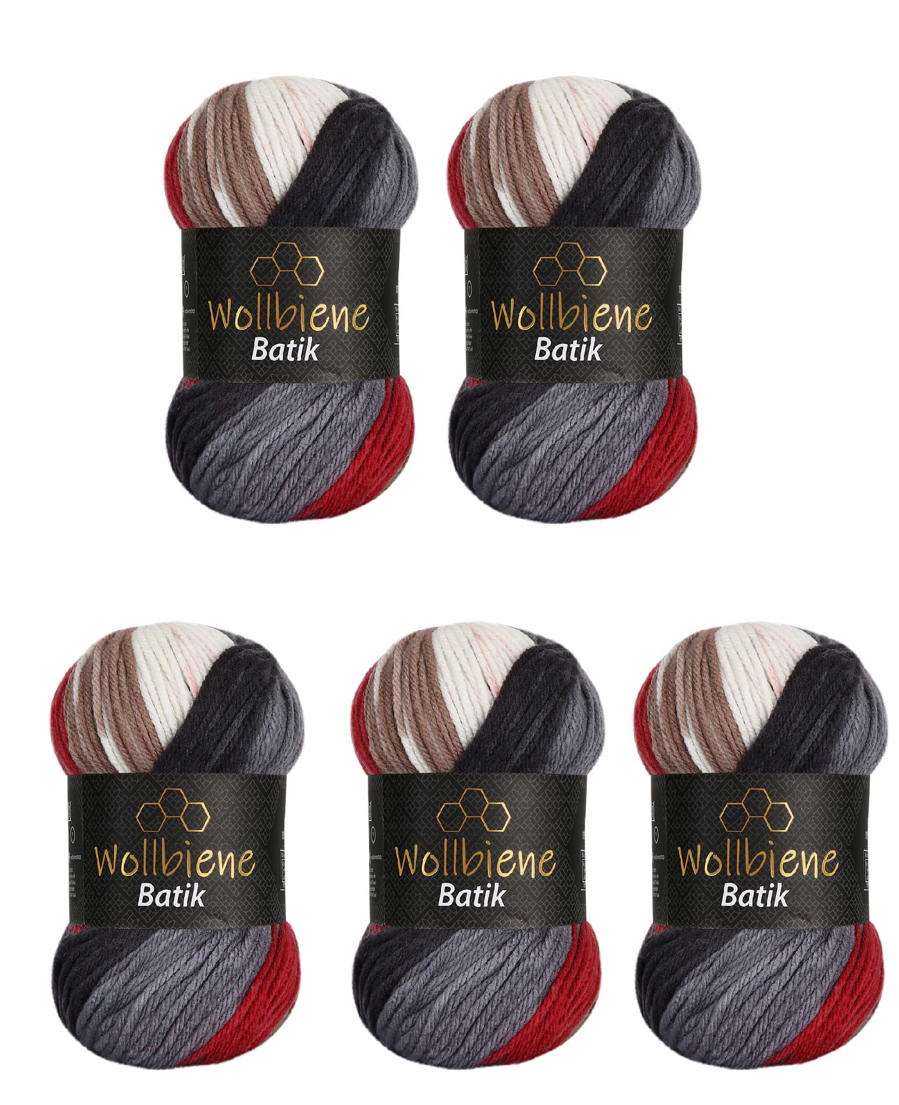 5 x 100 g Wollbiene Batik, 500 g Wool with Colour Gradient, Multicoloured, Knitting Wool, Crochet Wool (2050 Grey, Red, Brown) — image 1