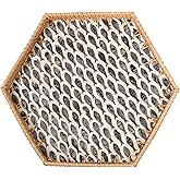 Tynulox Hexagon Rattan Tray with Mother of Pearl Inlay, Rattan Serving Tray for Coffee, Bread, Fruits, Snacks, Decorative Wicker Tray for Table Decor, Home Decor (Little Bluefish, 14.5"×12.8")