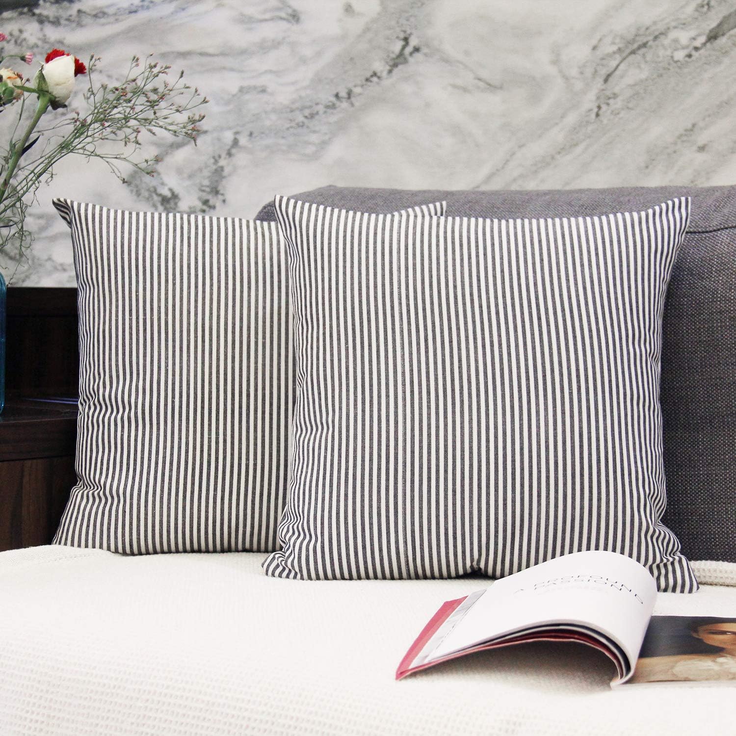 JOJUSIS Striped Throw Pillow Covers Soft Solid Farmhouse Classic Decorative Cushion Pillowcases for Sofa Bedroom Car 20 x 20 Inch Black Pack of 2