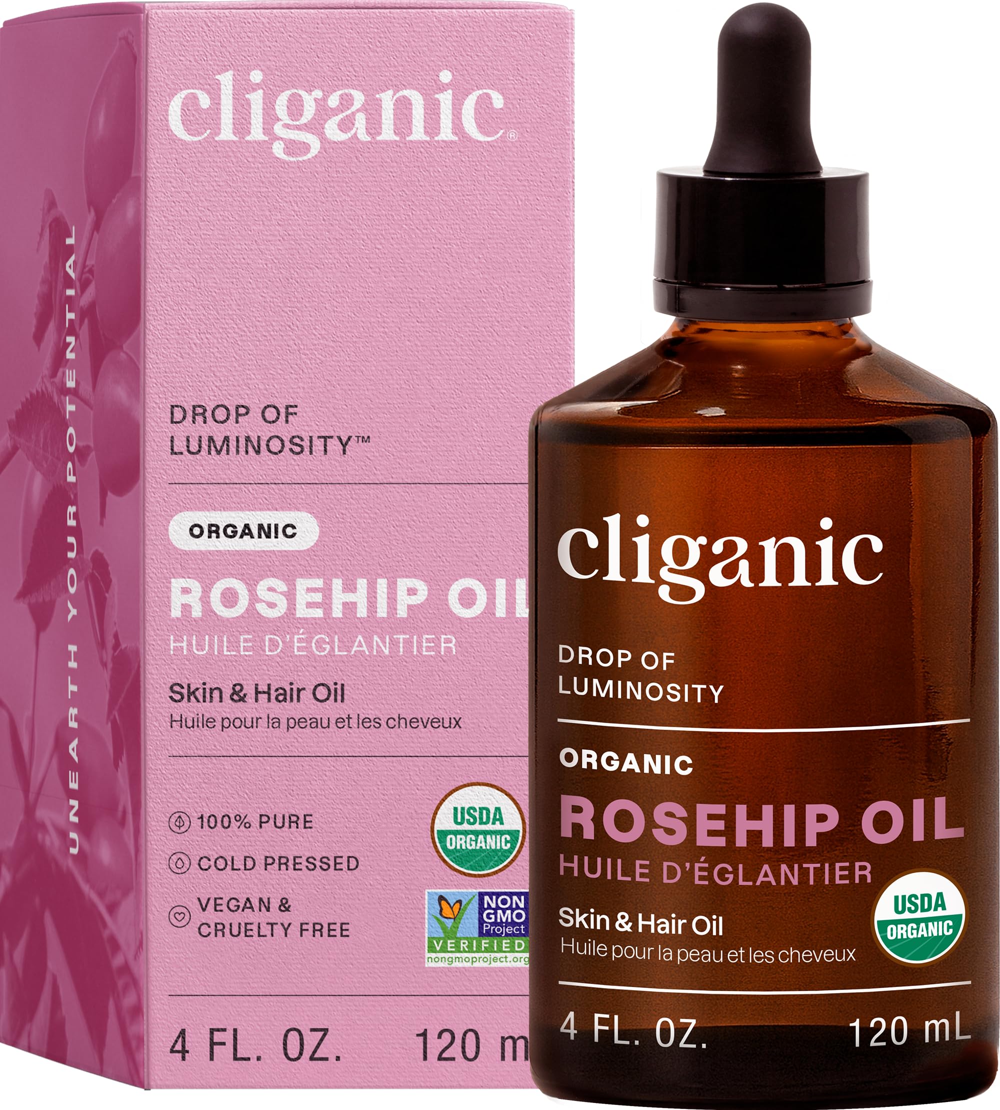 Cliganic Organic Rosehip Seed Oil for Face, 100% Pure | Natural Cold Pressed Unrefined Non-GMO | Carrier Oil for Skin, Hair & Nails