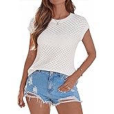 Womens Sweater Vest Short Sleeve Crochet Sweater Top Crewneck Hollow Out Knit Tops Casual Blouse Vacation Summer Tops